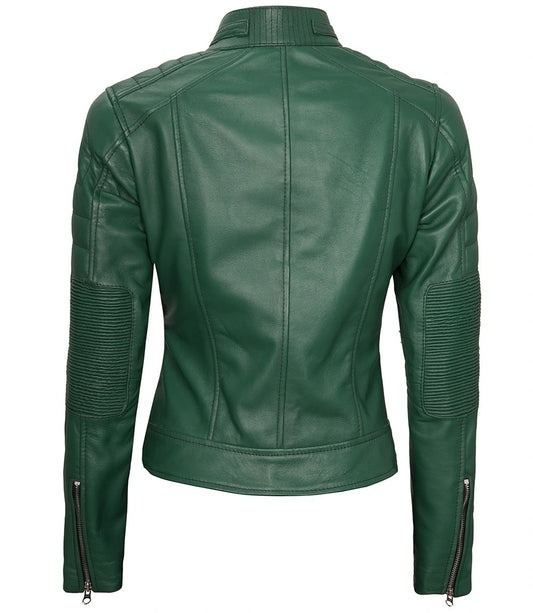Women's Green Leather Cafe Racer Biker Jacket