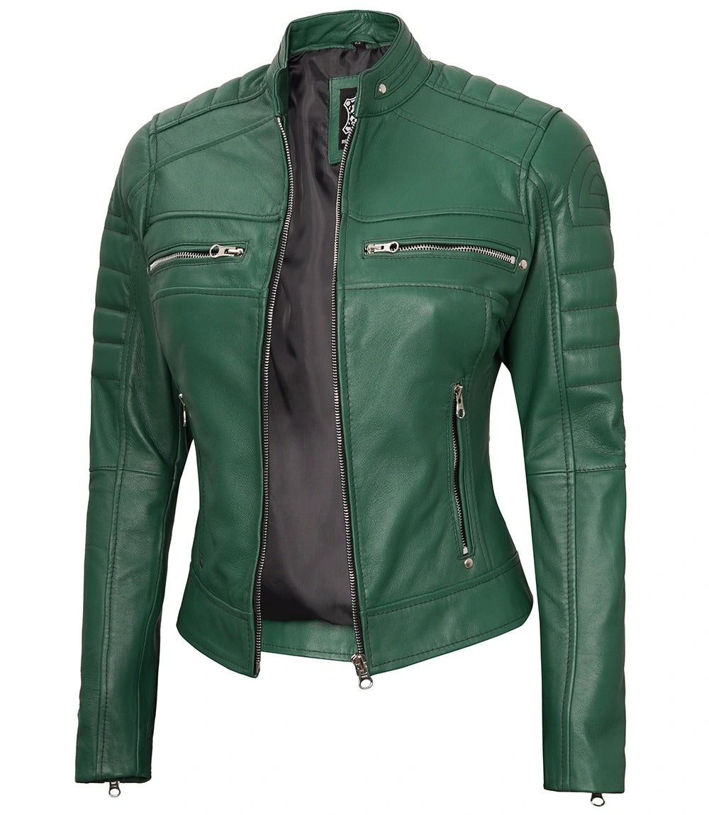 Women's Green Leather Cafe Racer Biker Jacket