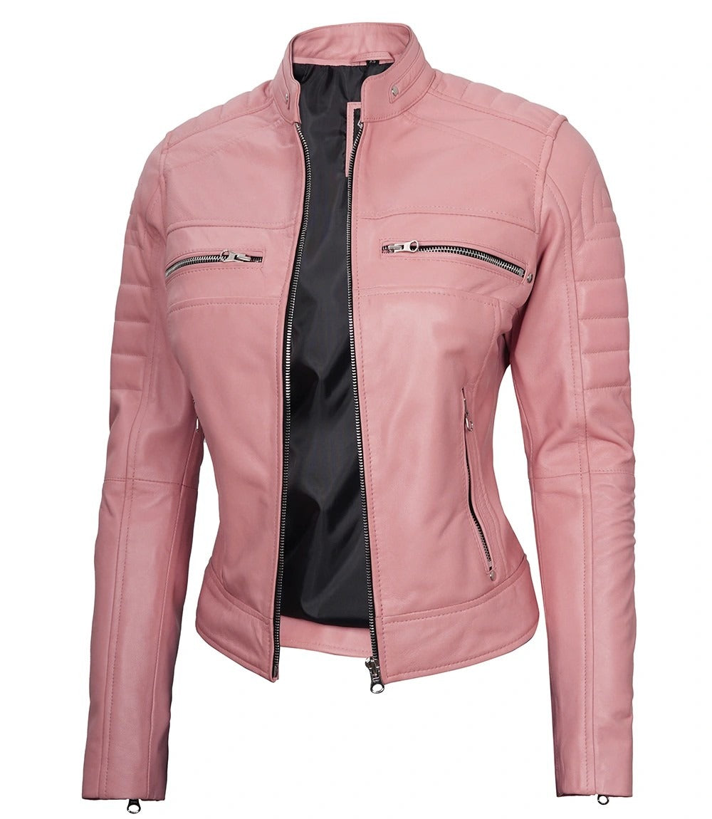 Women's Pink Leather Jacket Lambskin Cafe Racer Biker Style Jacket/ Pink Classic Fashion Leather