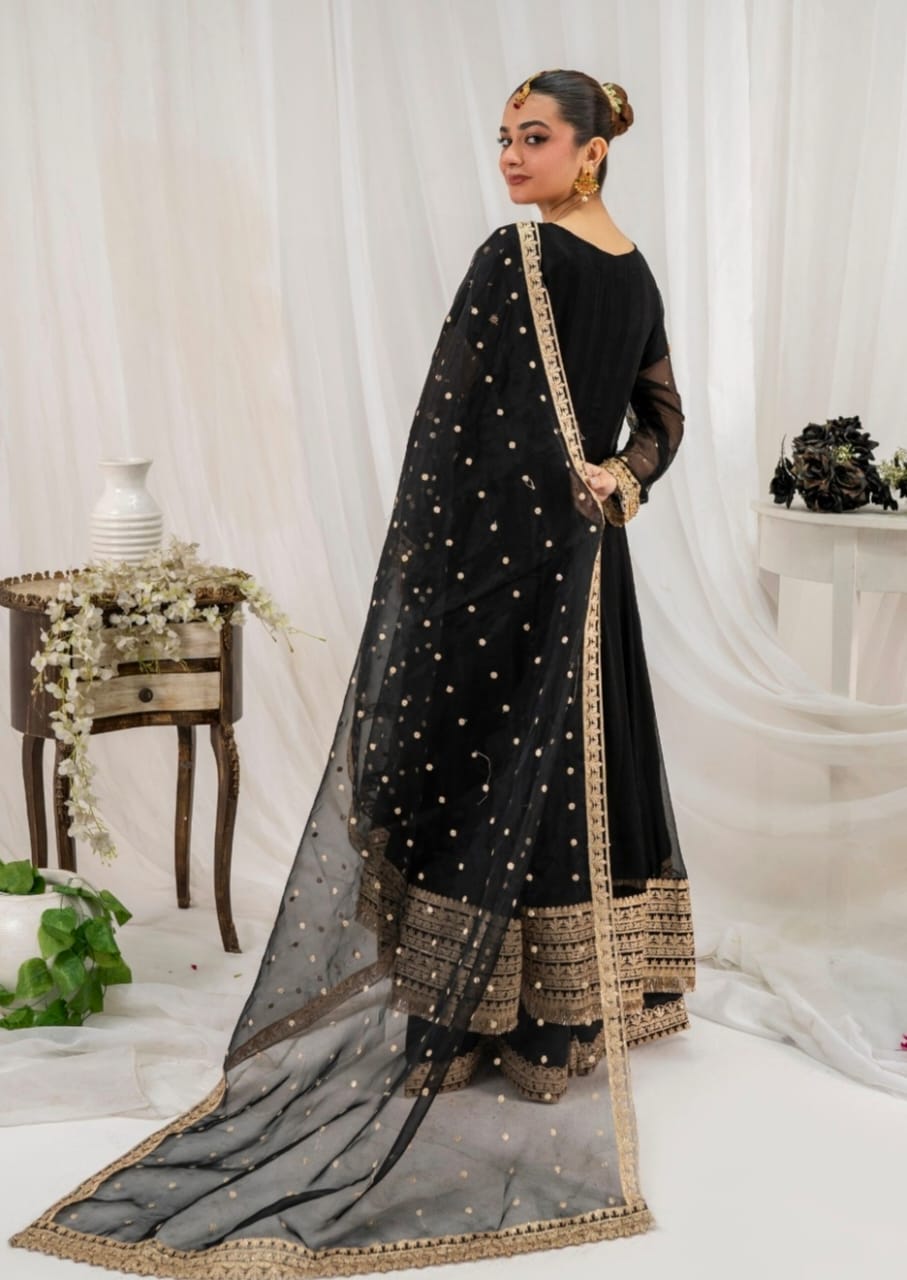 3PC CHIFFON PISHWAS JET BLACK