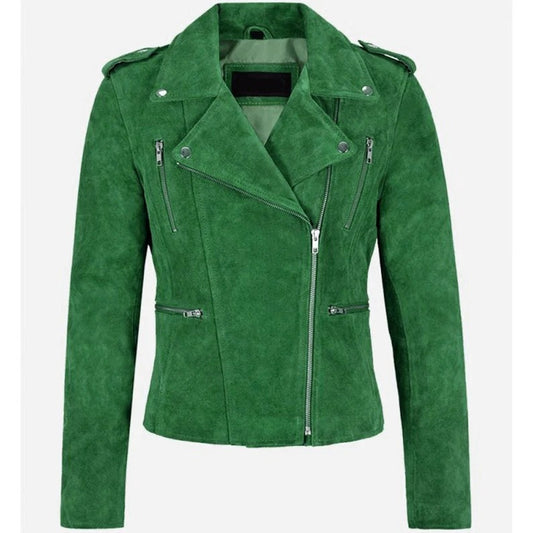 Ladies Brando Biker Leather Jacket Dark Green Cow Suede Classic Motorcycle Style