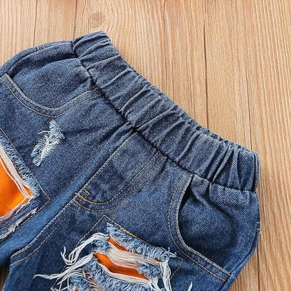 PP-Kids Baby Girls Summer Outfits Ice Cream Pompom T-Shirt Top + Ripped Denim Jeans Shorts Clothes Set PP516