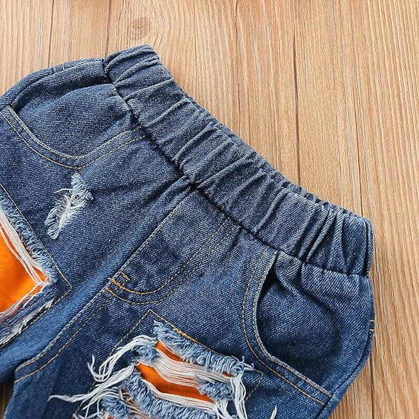 PP-Kids Baby Girls Summer Outfits Ice Cream Pompom T-Shirt Top + Ripped Denim Jeans Shorts Clothes Set PP516
