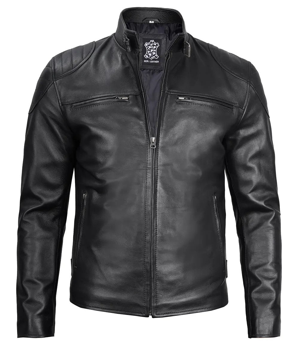Men’s Black Cafe Racer Real Leather Jacket | Padded Shoulders