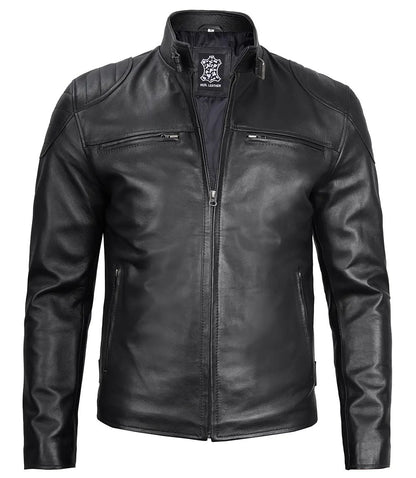 Men’s Black Cafe Racer Real Leather Jacket | Padded Shoulders