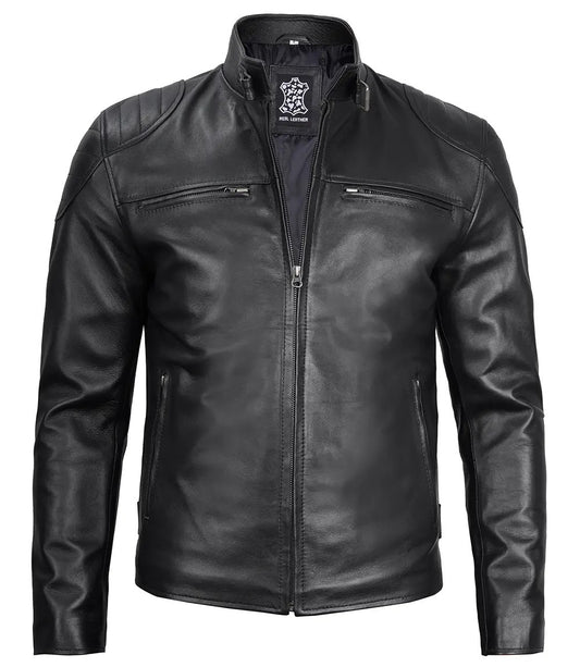 Men’s Black Cafe Racer Real Leather Jacket | Padded Shoulders