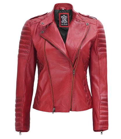 Jannie Red Asymmetrical Padded Leather Jacket, a women's motorcycle-style jacket made of genuine leather.