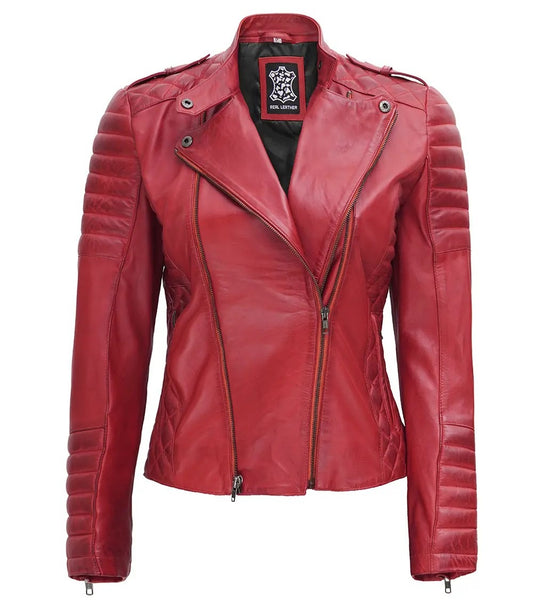 Jannie Red Asymmetrical Padded Leather Jacket, a women's motorcycle-style jacket made of genuine leather.