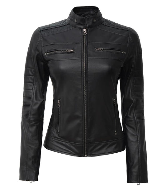 Women's Black Cafe Racer Leather Jacket &nbsp;
