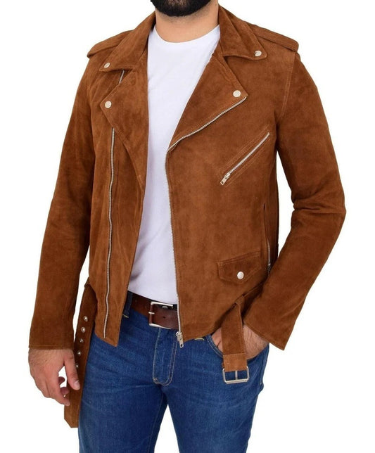 Classic Men's Sheepskin Suede Leather Jacket BiKer ziper