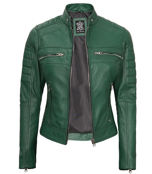 Women's Green Leather Cafe Racer Biker Jacket