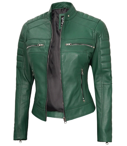 Women's Green Leather Cafe Racer Biker Jacket