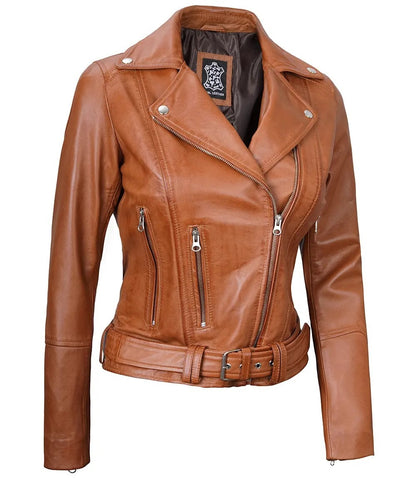 Women's Light Brown Leather Biker Jacket