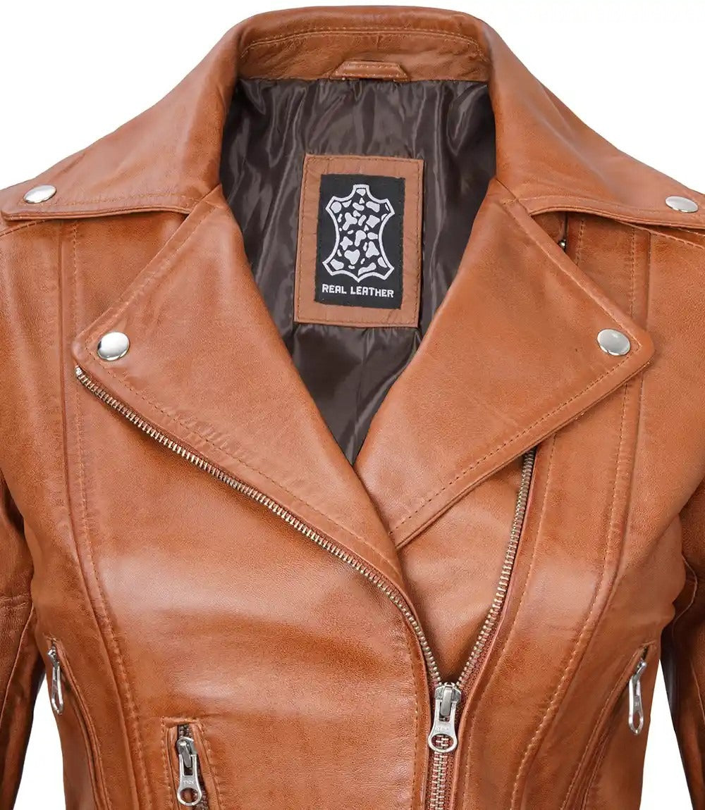 Women's Light Brown Leather Biker Jacket