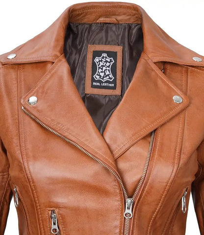 Women's Light Brown Leather Biker Jacket
