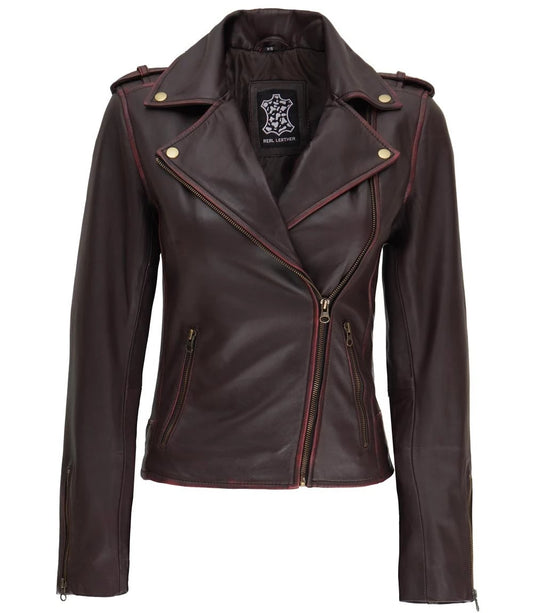 Women’s Brown Asymmetrical Leather Motorcycle Jacket