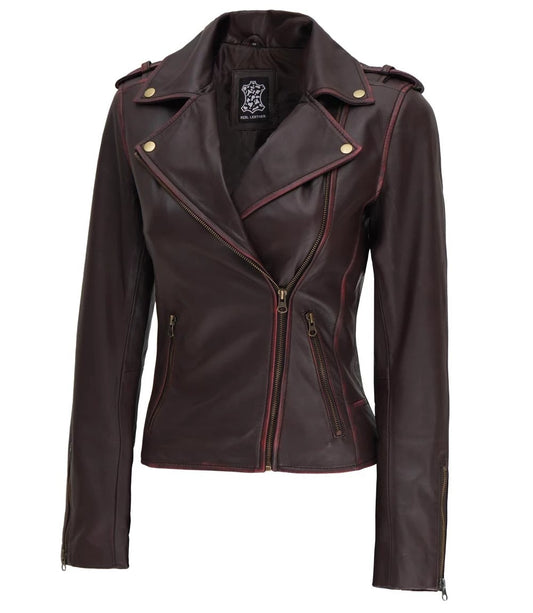 Women’s Brown Asymmetrical Leather Motorcycle Jacket