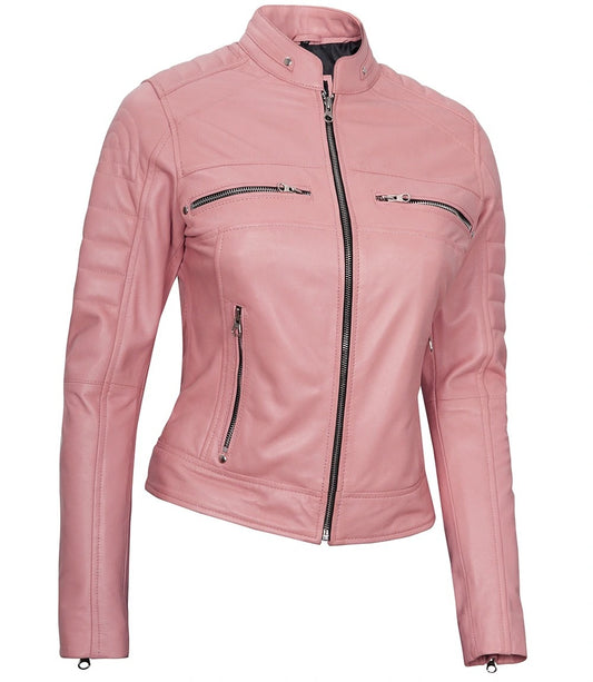 Women's Pink Leather Jacket Lambskin Cafe Racer Biker Style Jacket/ Pink Classic Fashion Leather