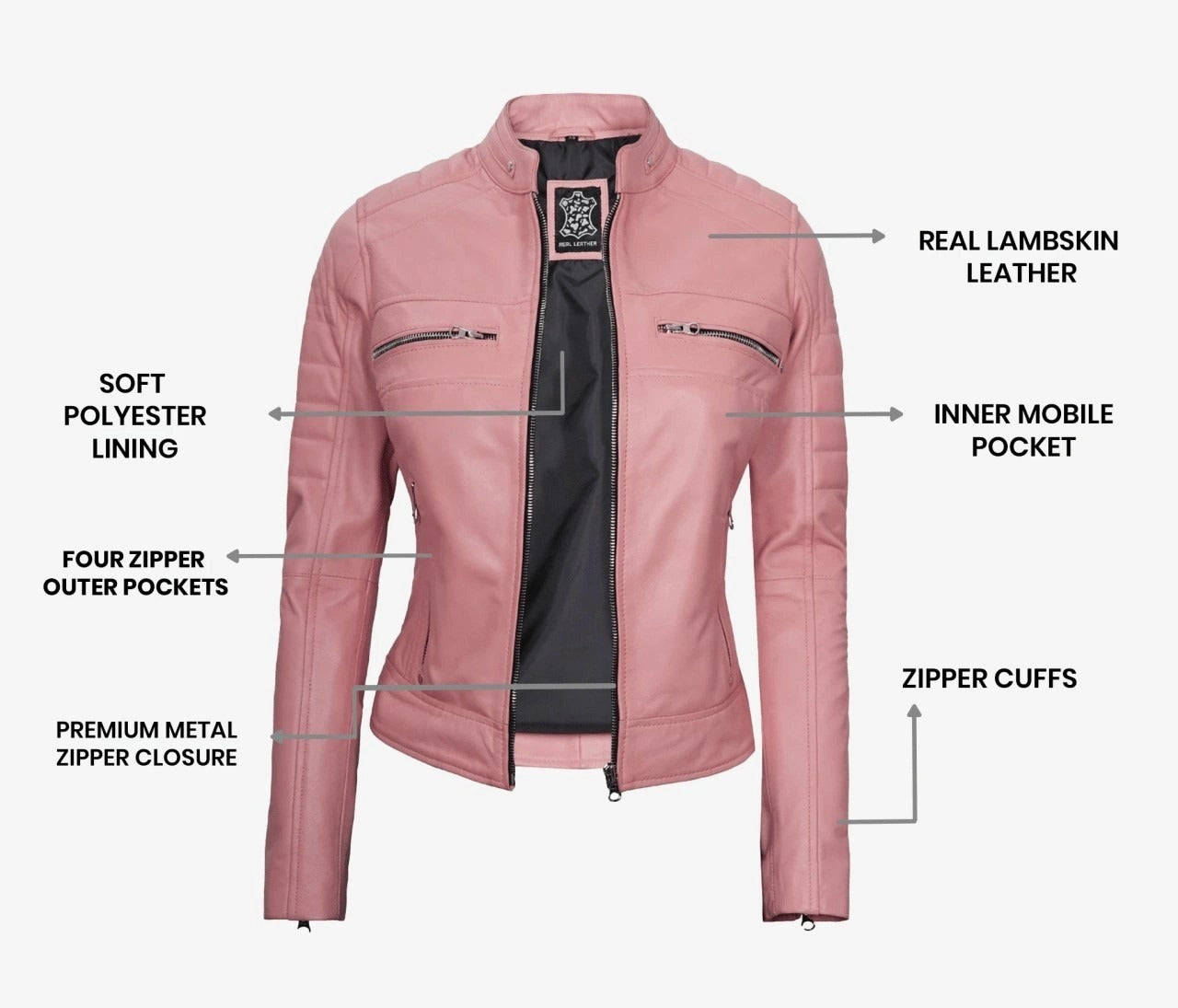 Women's Pink Leather Jacket Lambskin Cafe Racer Biker Style Jacket/ Pink Classic Fashion Leather