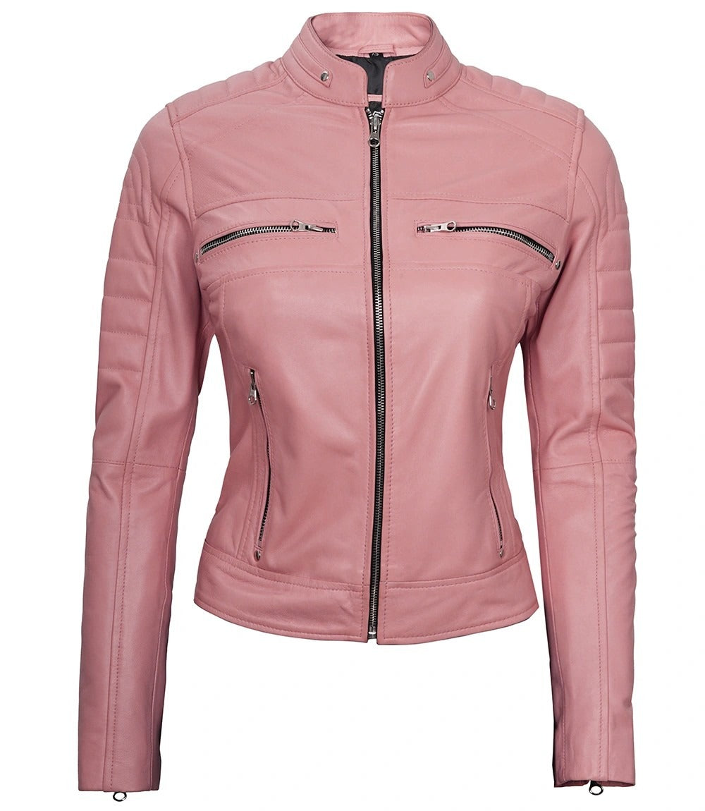 Women's Pink Leather Jacket Lambskin Cafe Racer Biker Style Jacket/ Pink Classic Fashion Leather