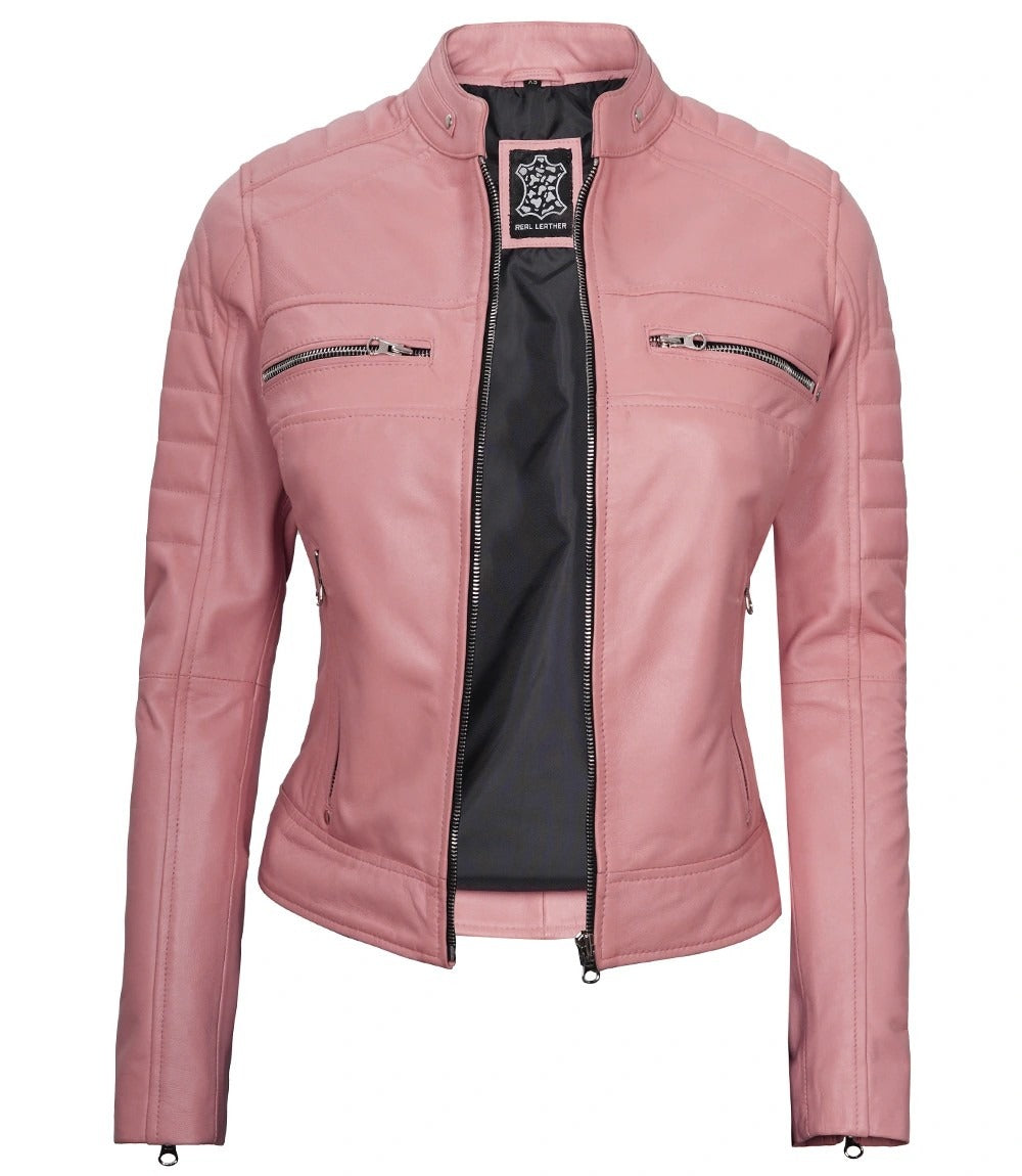 Women's Pink Leather Jacket Lambskin Cafe Racer Biker Style Jacket/ Pink Classic Fashion Leather