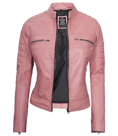 Women's Pink Leather Jacket Lambskin Cafe Racer Biker Style Jacket/ Pink Classic Fashion Leather