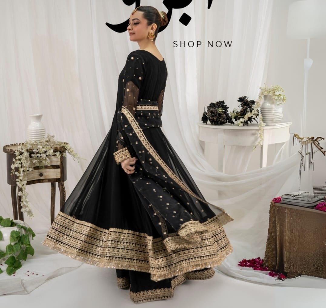 3PC CHIFFON PISHWAS JET BLACK