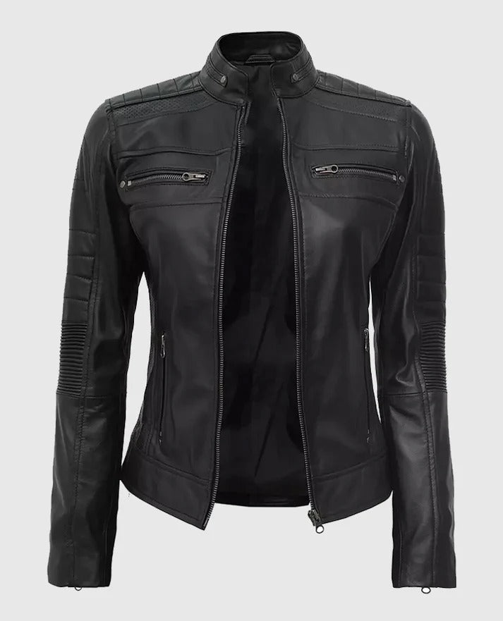 Women's Black Cafe Racer Leather Jacket &nbsp;