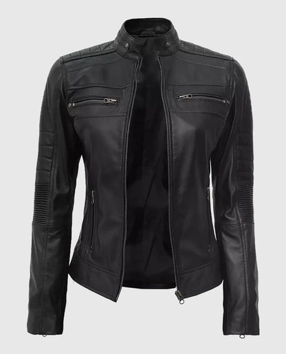Women's Black Cafe Racer Leather Jacket &nbsp;