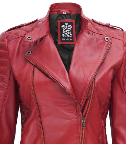 Jannie Red Asymmetrical Padded Leather Jacket, a women's motorcycle-style jacket made of genuine leather.
