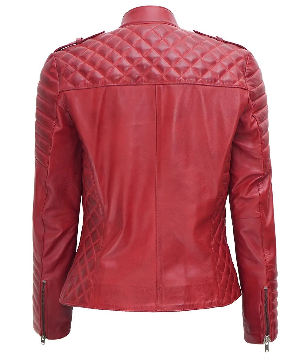 Jannie Red Asymmetrical Padded Leather Jacket, a women's motorcycle-style jacket made of genuine leather.