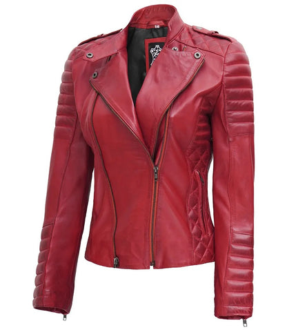 Jannie Red Asymmetrical Padded Leather Jacket, a women's motorcycle-style jacket made of genuine leather.