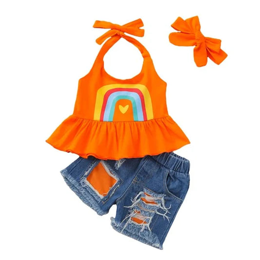 PP-Kids Baby Girls Summer Outfits Ice Cream Pompom T-Shirt Top + Ripped Denim Jeans Shorts Clothes Set PP516