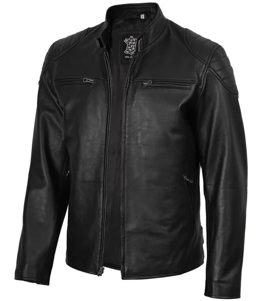 Men’s Black Cafe Racer Real Leather Jacket | Padded Shoulders