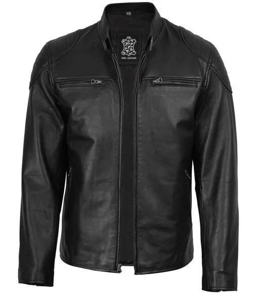 Men’s Black Cafe Racer Real Leather Jacket | Padded Shoulders