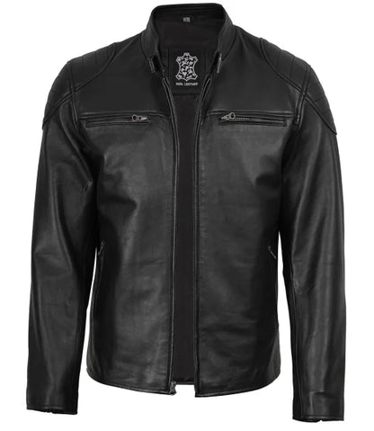 Men’s Black Cafe Racer Real Leather Jacket | Padded Shoulders
