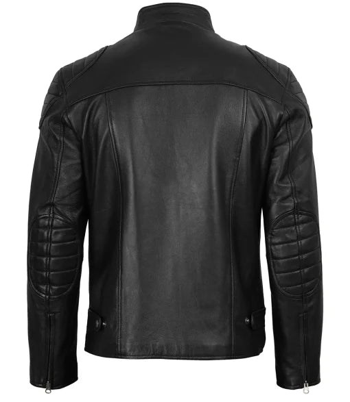 Men’s Black Cafe Racer Real Leather Jacket | Padded Shoulders