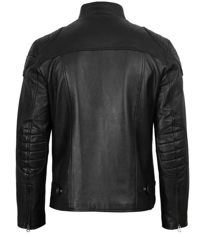 Men’s Black Cafe Racer Real Leather Jacket | Padded Shoulders