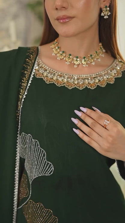 Green Studded RhineStone Kurta Set Eastern Ready to wear